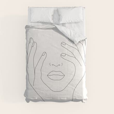 Minimal Line Art Woman With Hands On Face Comforter