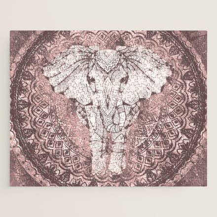 Bohemian, Elephant, Mandala, Blush, Moon Jigsaw Puzzle