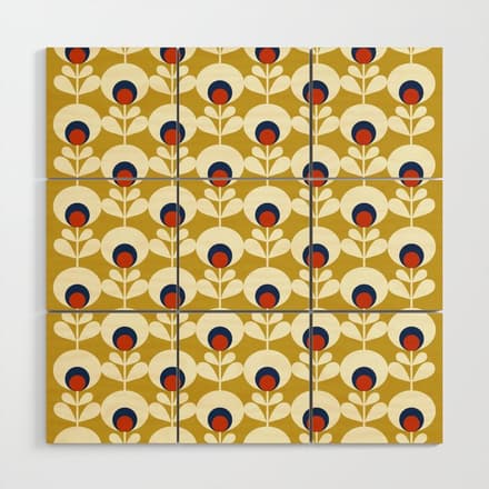 Flowers Geometry Mustard - Retro Pattern No3 Wood Wall Art