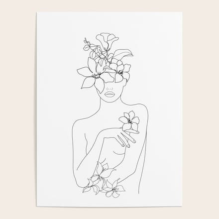 Minimal Line Art Woman With Flowers Iv Poster