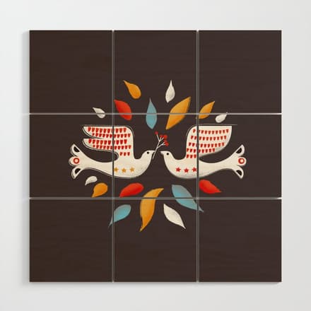 Retro Christmas Birds Illustration Wood Wall Art