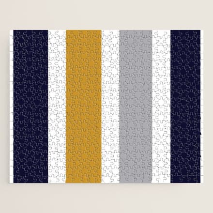 Quattro Stripe Minimalist Broad Stripe Color Block Pattern In Mustard Yellow, Navy Blue, Gray, White Jigsaw Puzzle