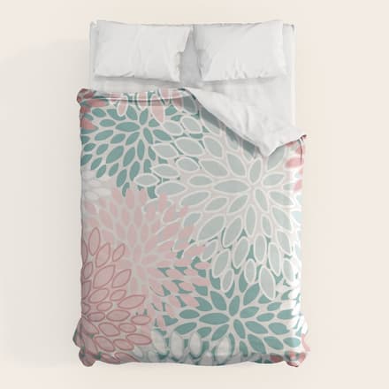 Floral Bloom, Teal, Green, Pink And White Duvet Cover