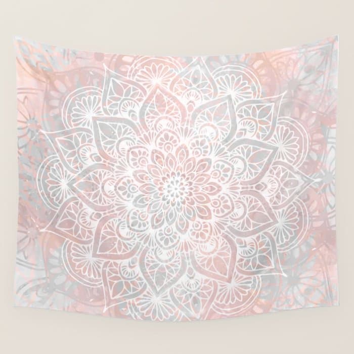 Mandala, Yoga, Love, Coral and Gray, Wall Art Boho Wall Tapestry