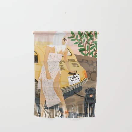 Tour, Pet Dog Walk, Italy Summer Fashion Woman, Animal Illustration, Travel Bohemian Cooper Painting Wall Hanging