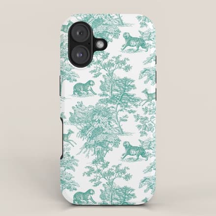 Toile De Jouy Vintage French Exotic Jungle Forest Teal & White Iphone Case