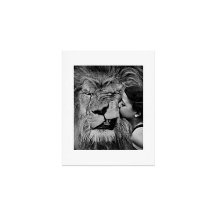 Grouchy Lion Being Kissed By Brunette Girl Black And White Photography Art Print