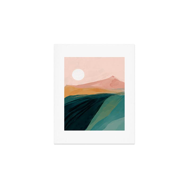 pink, green, gold moon watercolor mountains Art Print