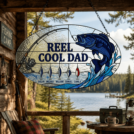 Custom Reel Cool Dad Bass Fishing Suncatcher