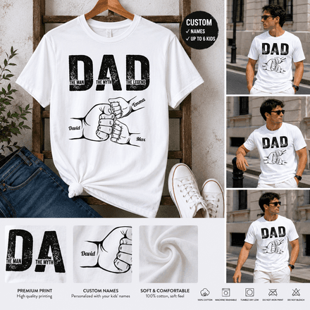 Personalized Dad Fist Bump T-Shirt With Kids Names Custom Father'S Day Gift