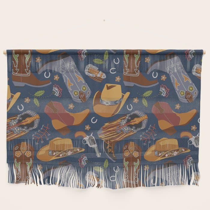 Embroidered cowgirls | Blue Wall Hanging