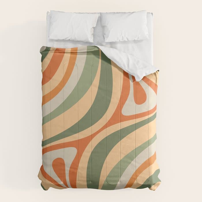 Retro Abstract New Groove Swirl Pattern in Mossy Sage Olive Green Apricot Orange Comforter