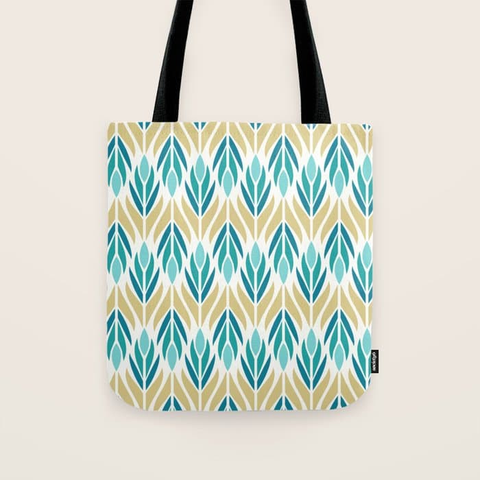 Mid Century Modern Abstract Floral Pattern in Turquoise Teal Aqua and Marigold Tote Bag