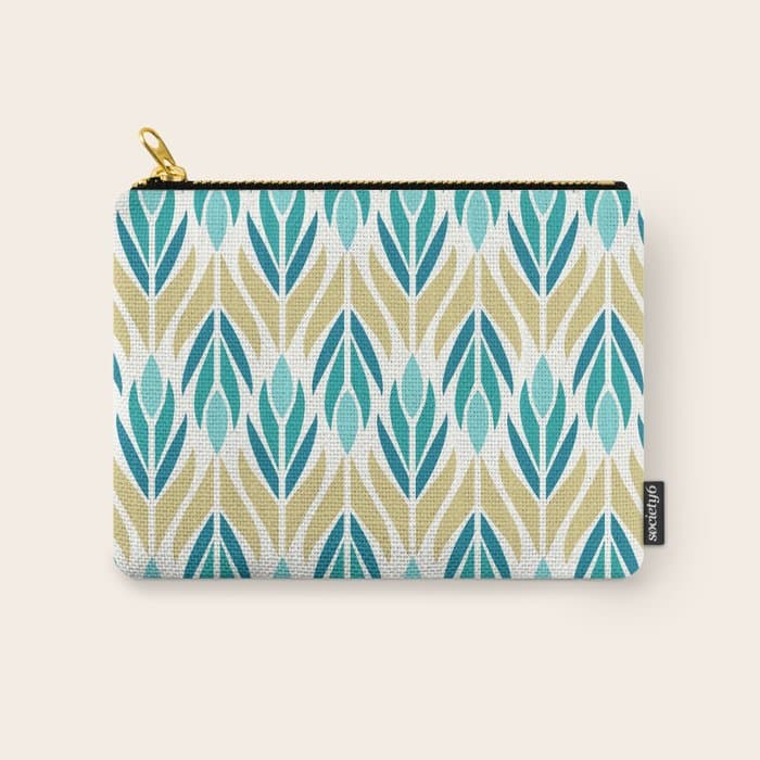 Mid Century Modern Abstract Floral Pattern in Turquoise Teal Aqua and Marigold Carry All Pouch