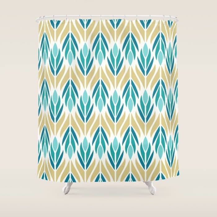 Mid Century Modern Abstract Floral Pattern in Turquoise Teal Aqua and Marigold Shower Curtain