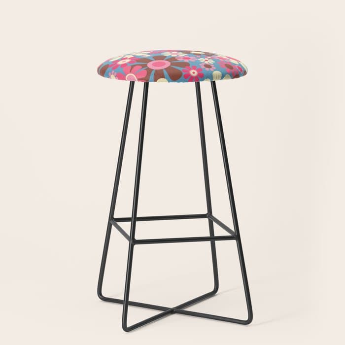 Groovy Retro Floral Garden 60s 70s Pattern in Cheerful Pink Brown and Blue Stool