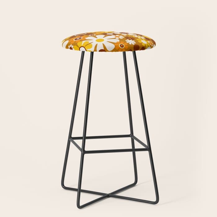 Retro Garden Flowers Groovy 60s 70s Floral Pattern Ochre Yellow Orange Brown Stool