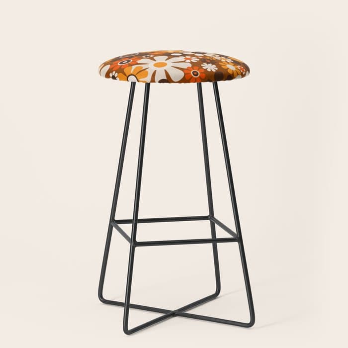 Retro Garden Flowers Groovy 1970s Floral Pattern in 70s Brown and Orange Stool