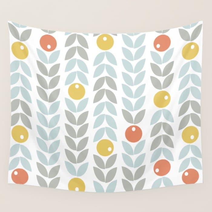 Mid Century Modern Retro Leaf and Circle Pattern Wall Tapestry