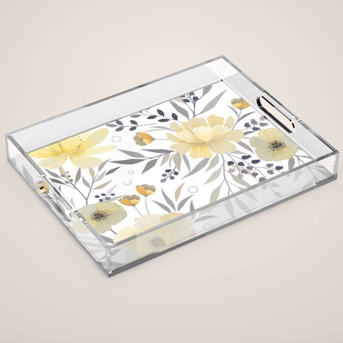 Modern, Floral Prints, Yellow, Gray and White Acrylic Tray