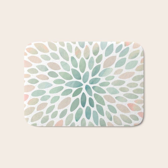 Floral Bloom, Abstract Watercolor, Coral, Peach, Green, Floral Prints Bath Mat