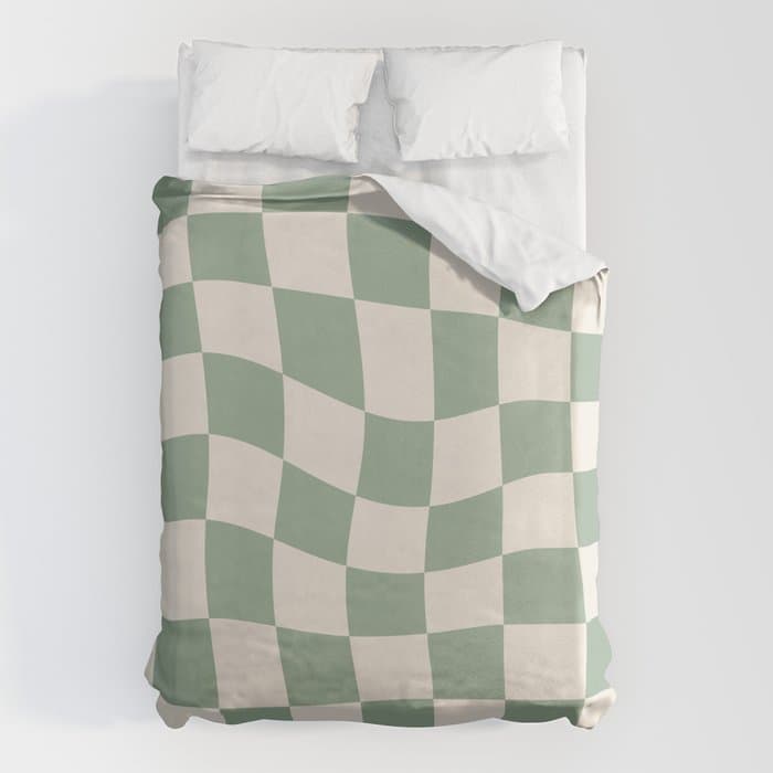 Sage Green Wavy Checkered Pattern Duvet Cover