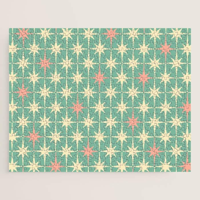 Retro Vintage 50s Stars Pattern in Teal Mint, Pink, and Cream Jigsaw Puzzle
