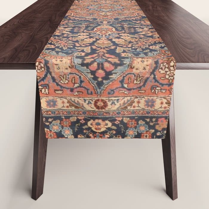 Antique Persian Tabriz Rust Red & Blue Table Runner