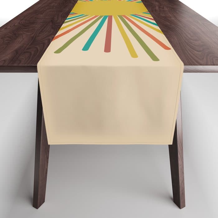 Mid-Century Modern Sunburst - Minimalist Abstract Sun in Mid Mod Mustard, Orange, Olive, Blue, and Beige Table Runner