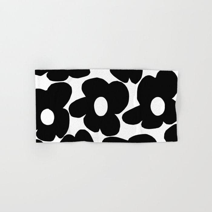 Black Retro Flowers White Background #decor #HomeStorie #buyart Bath Towel
