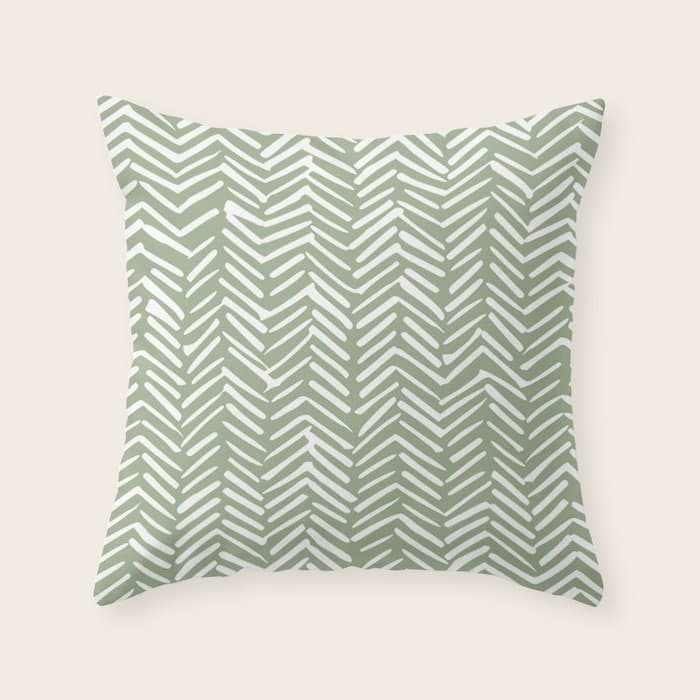 Boho, Abstract, Herringbone Pattern, Sage Green and White Throw Pillow