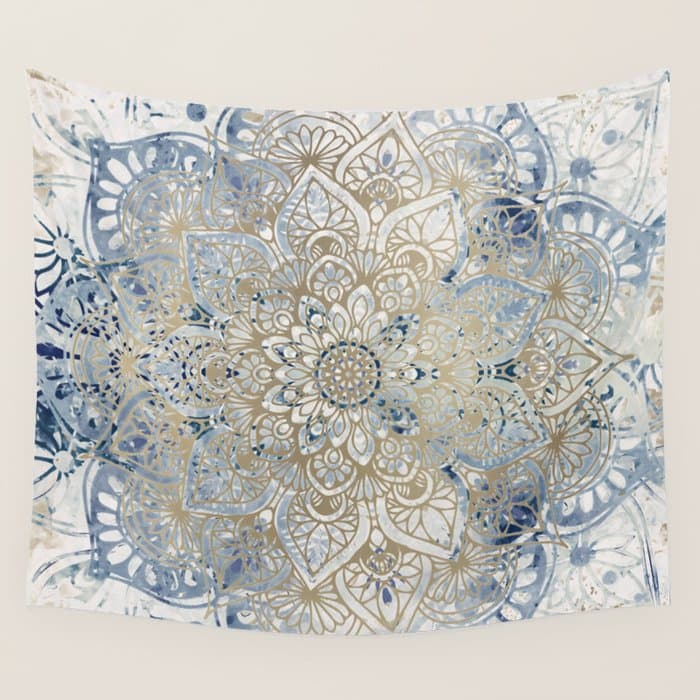 Yoga, Mandala, Blue and Gold Wall Tapestry