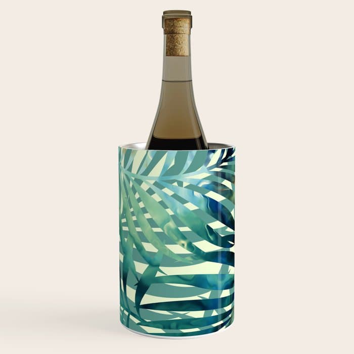 Tropical, Jungle, Palm Leaves, Watercolor Abstract, Blue and Green Wine Chiller