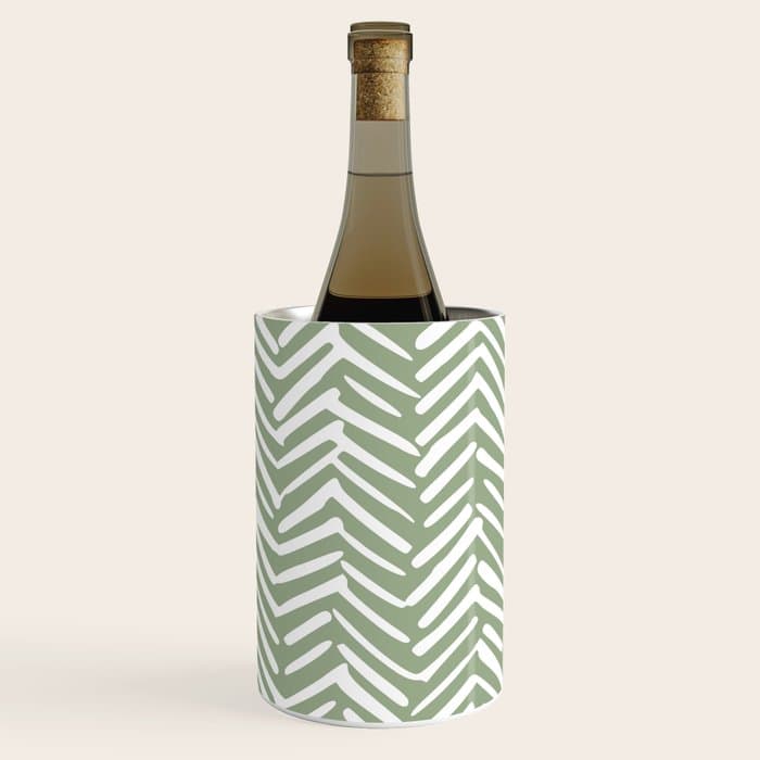 Boho, Abstract, Herringbone Pattern, Sage Green and White Wine Chiller