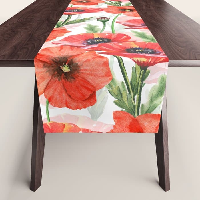 Summer Botanical Poppies Field Table Runner