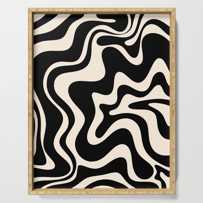 Retro Liquid Swirl Abstract in Black and Almond Cream Serving Tray