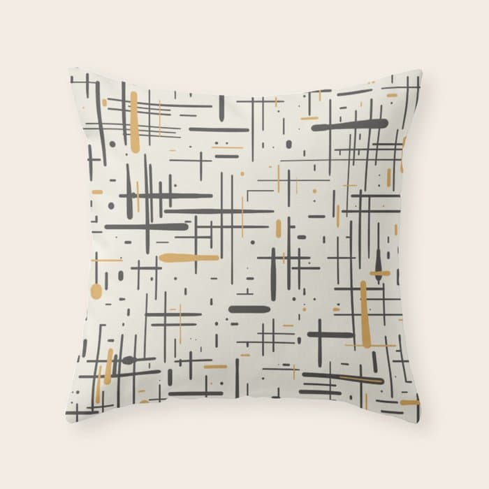Mid-Century Modern Kinetikos Pattern in Charcoal Gray, Muted Mustard Gold, and Cream Throw Pillow