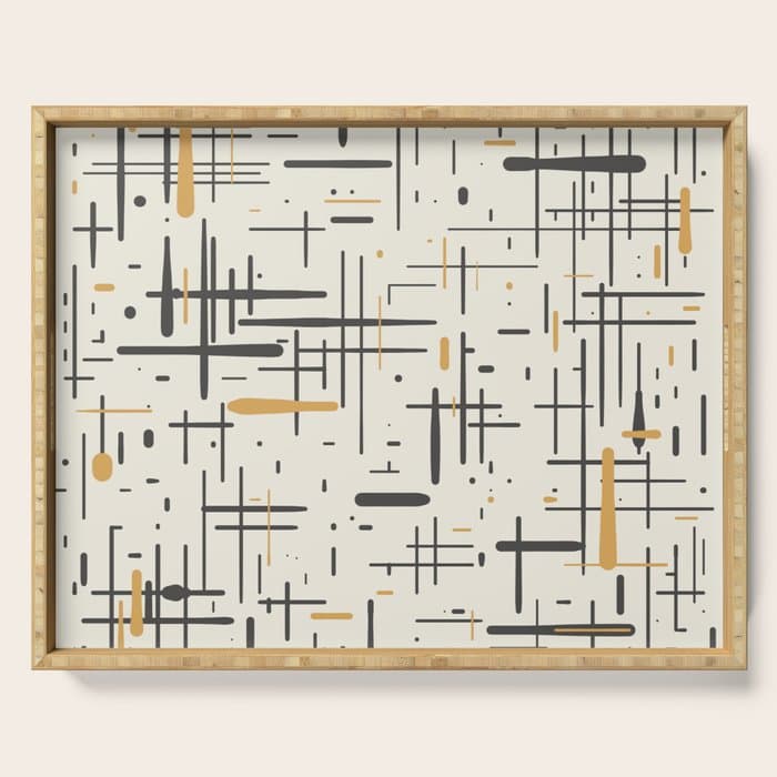 Mid-Century Modern Kinetikos Pattern in Charcoal Gray, Muted Mustard Gold, and Cream Serving Tray