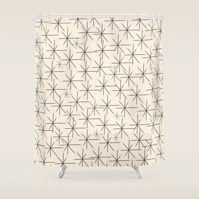 Stella - Atomic Age Mid Century Modern Starburst Pattern in Charcoal Gray and Almond Cream Shower Curtain