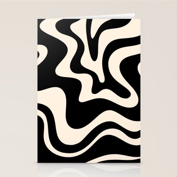 Retro Liquid Swirl Abstract Pattern 3 in Black and Almond Cream Stationery Card