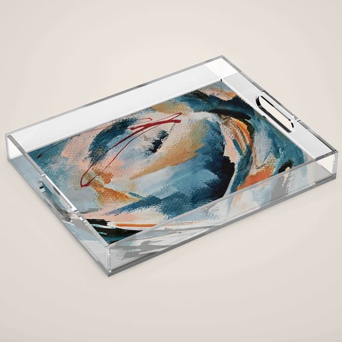 Drift 6: a bold mixed media piece in blues, brown, pink and red Acrylic Tray