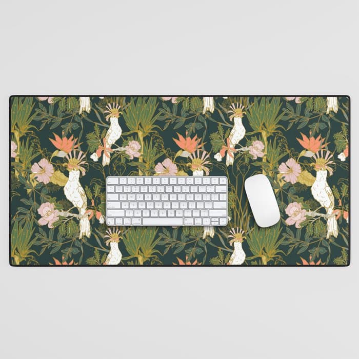 Drawing of exotic birds in the dark jungle Desk Mat