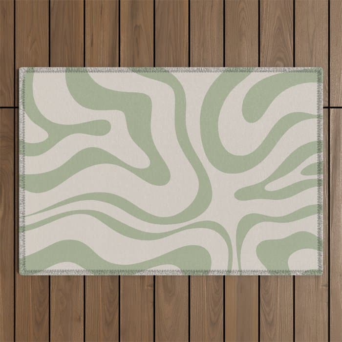 Liquid Swirl Abstract Pattern in Almond and Sage Green Outdoor Rug