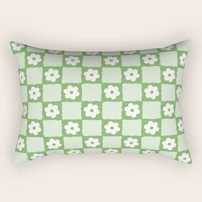 Retro Flower Checker in Forest Green Rectangular Pillow
