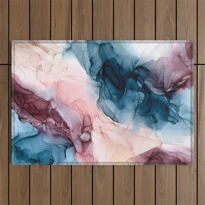Pastel Plum, Deep Blue, Blush and Gold Abstract Painting Outdoor Rug