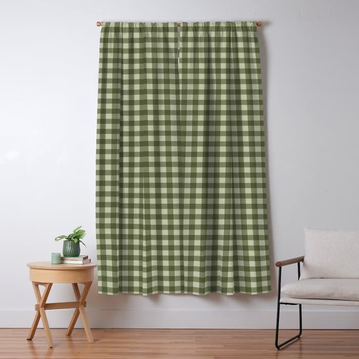 Gingham Plaid Pattern - Natural Green Window Curtain