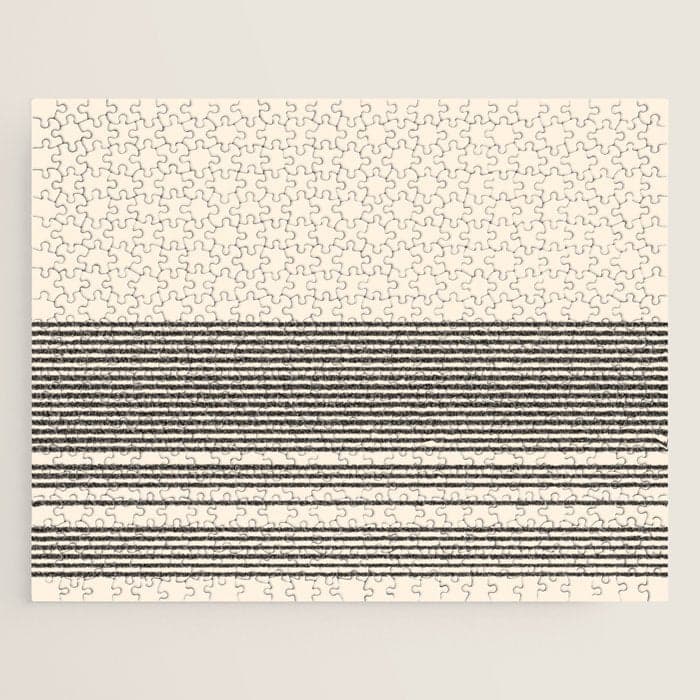 Organic Stripes - Minimalist Textured Line Pattern in Black and Almond Cream Jigsaw Puzzle