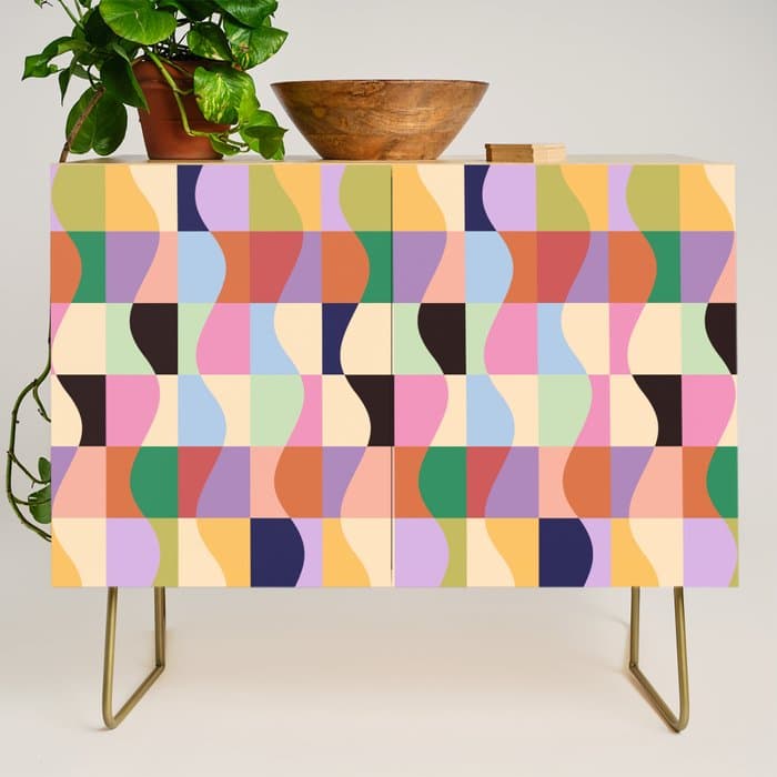 Retro Colorful Wavy Checkerboard Credenza