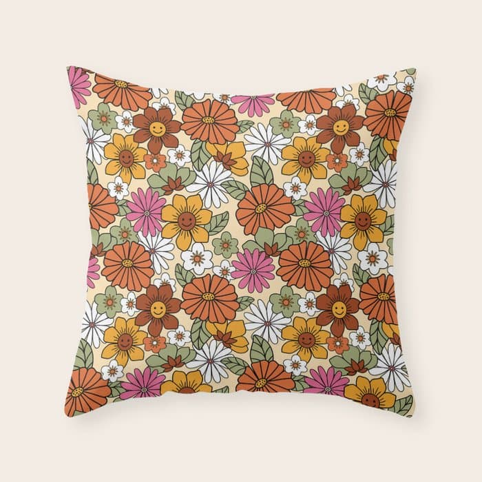 Retro 70s Boho Floral Pattern Throw Pillow
