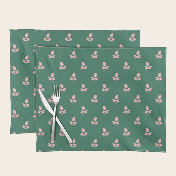 Retro Pink Leaf Pattern - Green Background Placemat